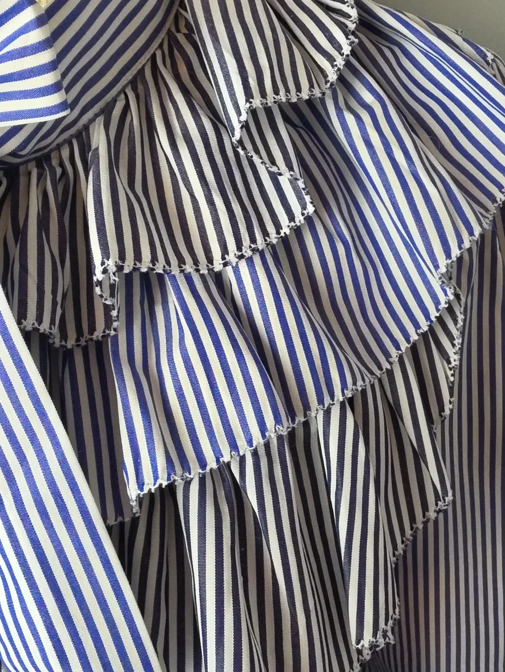 J.CREW Thomas Mason Blue White Contrast Stripes Tiered Ruffle Tie Neck Top 14